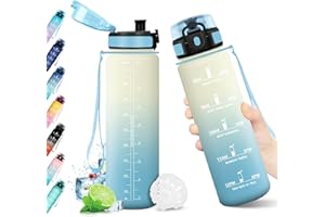 KOLLYKOLLA Bouteille Sport 1L, Bouteille d'eau Étanche, Gourde Motivation avec Marqueur de Temps, Gourde Sport avec Filtre, Bouteille sans BPA, Réutilisable, Gourde pour Yoga, l'école, Camping, Bureau, Fitness