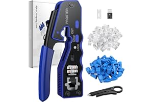 Proster Pinza Crimpatrice RJ45 Pass Through Multifunzione Spelafili per Cavo Rete RJ45 Cat6 Cat5 Cat5e Kit Strumento Crimpatura con 50pz Connettori Cat6 e Coperture di Protezione Blu