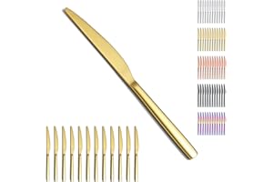 Evanda Oro Cuchillos de mesa 12 Piezas, chapado en titanio de oro de acero inoxidable Cuchillos Cuchillos de mesa, cubiertos de mantequilla cuchillo, apto para lavavajillas