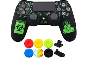 9CDeer 1 x Silicone Gravure Laser Protecteur Couverture Peau + 6 Thumb Grips et Bouchons Anti-Poussière pour Manette PS4/Slim/Pro Risque Bio