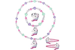 MAEOETTY Toddler Little Girls Unicorn Necklace and Bracelet Hair Clips Set, Colorful Jewellery Set for Little Girls, Chirden Unicorn Bracelet, Great Costume Jewelry with Box, Gift Choice for Children-A