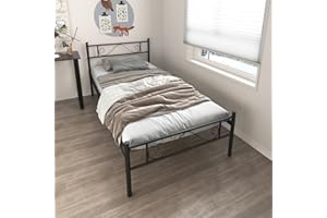 FurnitureR Single bed metal frame,metal bed for teenagers/adults, Industrial iron bed suitable for bedroom, student dormitory and other multiple scenes, with arc simple lines, Black