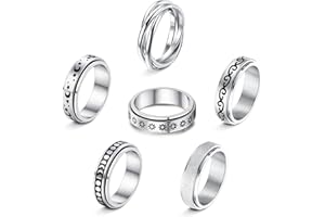 FIOROYAL 6 Stück Edelstahl Spinner Ringe Anxiety Fidget Ring für Damen Männer Jugend Hypoallergen Moon Star Sand Bandringe Fidget Band Stressabbau Angst Ring 49-67