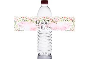 URROMA 50 Pcs Wedding Bridal Shower Bottle Wraps, Paper Water Bottle Labels for Wedding Bride Water Bottle Stickers Pink Flowers Bridal Shower Water Bottle Labels