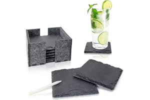 ‎AMAZY Amazy Schiefer Untersetzer Set (8 Stück) inkl. Kreidestift – Dekorative Glasuntersetzer aus 100% Natur Schieferplatten mit praktischem Halter aus Filz – Tolle Geschenkidee (eckig | 10x10 cm)
