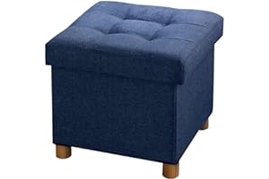 BRIAN & DANY Folding Ottoman Storage Box with Wood Legs, Linen Foot Stool, Footstool with Storage, Highly Elastic Sponge Filling, Navy Blue, 38 x 38 x 38 cm