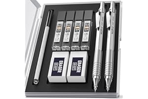 Nicpro 2 PCS Mechanical Pencil 0.5mm & 0.7 mm with Case, MP1000 Metal Artist Pencil Set with 4 Tubes HB Lead Refills, 2 Erasers, 9 Eraser Refills For Art Writing Drafting, Drawing, Sketch, Silver