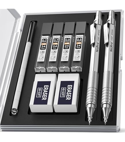 FourCandies Lot de 3 porte-mines de 2 mm avec étui, porte-mine en métal avec 120 recharges de