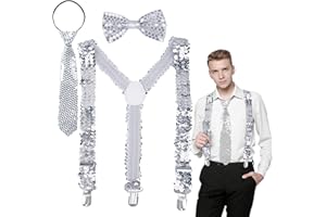 HZMJDHZM Bretelles à Paillettes, Bretelles en Paillettes Aargent, Noeud Papillon Paillettes Bretelles et Cravate, Accessoires de Costume pour Carnaval, Fête à Thème, Homme, Femme