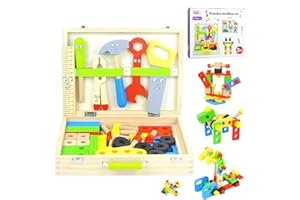 ZILYNHOM Estuche de Herramientas para niños con Juego de Herramientas de Madera de 69 Piezas, Juguete Montessori para niños pequeños de 3, 4, 5, 6, 7 años, Aprendizaje temprano, creación, Banco de Trabajo
