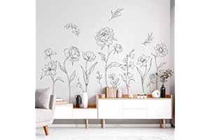 Tanlaby Adesivi Murali Fiori Bianco e Nero - Sticker da Muro di Campo e Piante da Giardino per Soggiorno, Camera da Letto, Ufficio, TV, Divano, Bagno Sfondo