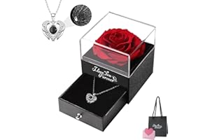 Emibele Preserved Real Rose with Heart Necklace, Eternal Flowers Rose & Crystal Heart Necklace Romantic Gifts for Women Mom Wife Girlfriend on Christmas Valentines Mothers Day Birthday Anniversary