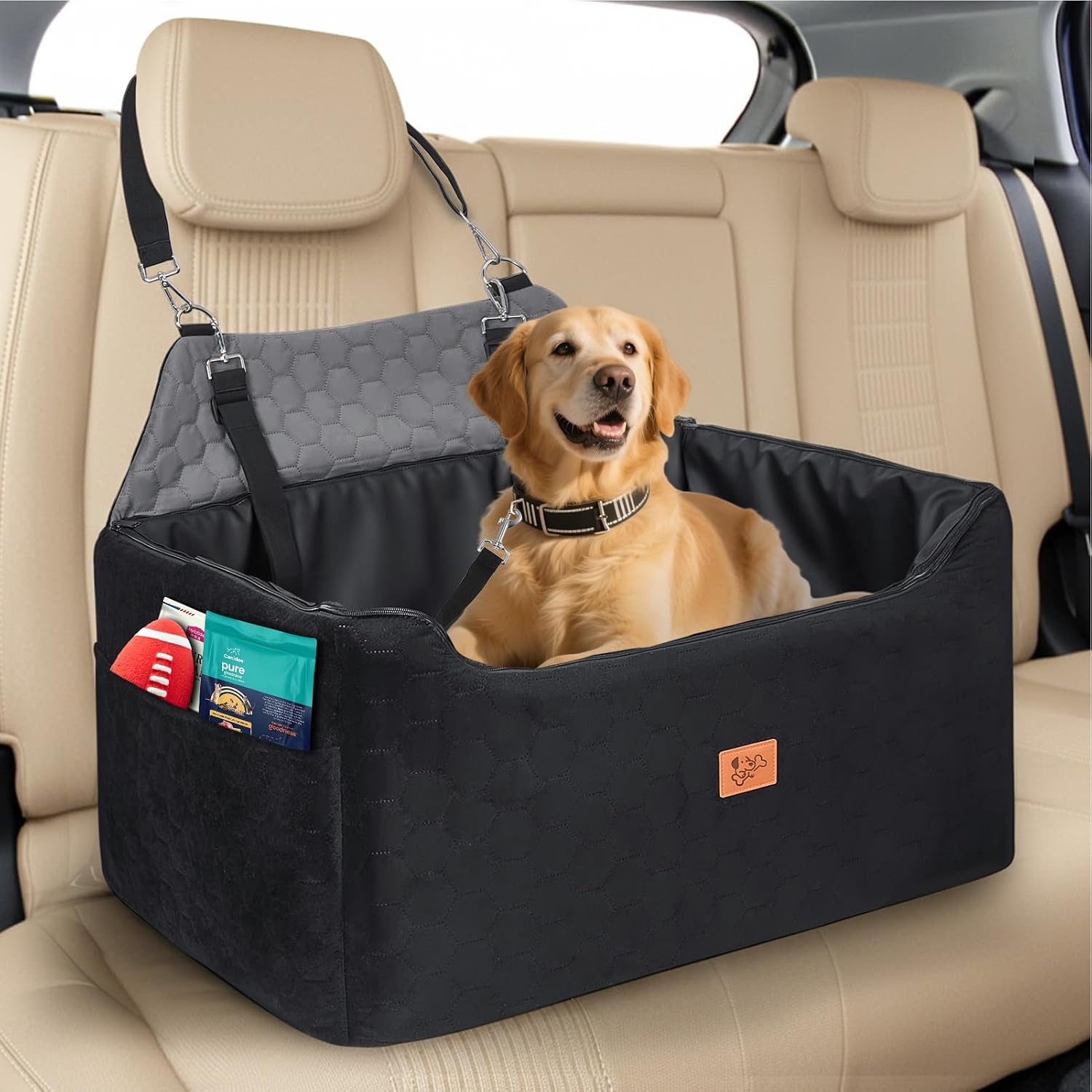 Asiento Perro Coche, Extra Estable Cama Perro Coche con Espuma Viscoelástica, Funda Lavable y Cinturón de Seguridad, Asiento Coche Perros Medianos y Grandes de hasta 55 kg, 78x55x53 cm
