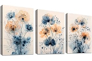 WENGTIAO 3 Pezzi Stampa su Tela Acquerello Blu Floreale Con Cornice Quadro su Tela Moderne Astratte Fiori Blu Arancione Pittura Quadro Moderno Soggiorno Camera da Letto Decorazioni Parete 30x40cm x3