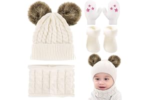 CheChury Cappello A Maglia Bimbo Neonata Cappellino con Sciarpa Set 2Pcs Cappelli Bambina Ragazzo Sciarpa Berretto A Maglia con Pompom Unisex 0-24 Mesi