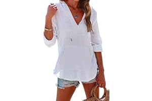 Fisoew Damska bluza z kapturem, z długim rękawem, bawełna, tunika plażowa, dekolt w serek, sukienka plażowa z kieszeniami, bluza plażowa