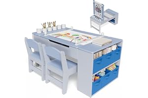 ‎CLEVICH Clevich Kindertisch mit 2 Stühlen, Tisch-Stuhl Set Holz, Kindersitzgruppe mit Stauraum, Maltisch mit Papierrolle, Mal und Basteltisch für ab 3 Jahre (Blau)