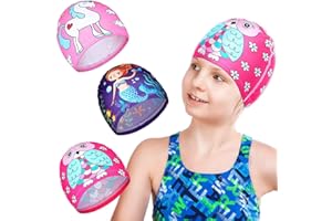 LEDSHLIU 3 Piezas Gorros de Natación para Niños Gorro de Baño de Poliéster Gorro para Nadar de Piscina para Niños Niñas Unisex Pelo Largo y Corto Deportes Acuáticos