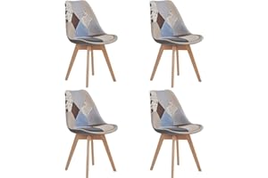 BenyLed Set di 4 Sedie per Sala da Pranzo con Schienale Rivestito in Tessuto di Lino Patchwork (Grigio, 4)