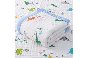Hivia 110 * 110CM Mussole Neonato Cotone-6 Strati di Morbida e Confortevole Copertina Neonato Cotone,100% Cotone Coperta Neonato Adatto per Culla, Carrozzina|Blu Dinosauri