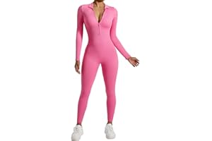 OMKAGI Women Ribbed Knit Long Sleeve One Piece Jumpsuit Sexy Zip Up Front Yoga Romper Seamless Workout Ladies Outfit