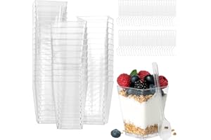 ALRIEDY Lot de 50 mini tasses à dessert en plastique avec 50 cuillères, 150 ml Verrines à Dessert Réutilisables Transparents Carrés, Pour mousse, pudding, crème glacée, dessert, mariage, anniversaire, fête