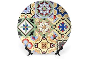 GOKAYS Ceramic Decorative Plates Mexican Tiles Flower Print Home Wobble-Plate with Display Stand, Moroccan Floral Porcelain Plate, Mexico Wall Hanging Decor for Living Dining Room Kitchen Household 25 CM