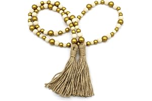 CVHOMEDECO. Wood Beads Garland with Tassels Farmhouse Rustic Wooden Prayer Bead String Wall Hanging Accent for Home Festival Decor. Gold Mix