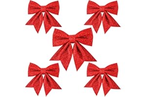 Aurasky Schleifen Weihnachten Rot, 5 Stück Weihnachtsbaum Schleifen Rot, Weihnachtsschleifen Grosse, Christmas Glitter Bows, Geschenk Weihnachtsdeko Schleifes 24&18cm