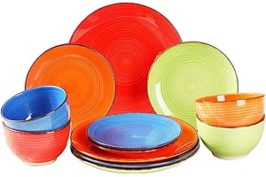 simpa 12PC Hand Painted Assorted Bright Colourful Stoneware Dinner Set. 4 Dinner Plates, 4 Side Plates & 4 Bowls. Dishwasher & Microwave Safe.