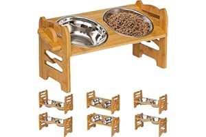 WIYETY Comedero para Perros Elevado en 4 Alturas: Comedero de Madera con 2 Comederos de Acero Inoxidable, Ajustable para Perros Grandes, Medianos y Pequeños