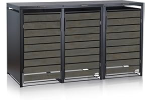 Zelsius Mülltonnenbox 3er für 3 Mülltonnen | 120-240 Liter | Anthrazit RAL 7016 | Tür in dunkelgrauer Holzoptik inkl. Erweiterungsmöglichkeit | Mülltonnenhäusschen, Mülleimerboxen