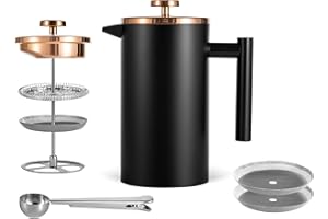 MeelioCafe French Press 600 ml (3 Tazze) Caffettiera francese in acciaio inox Caffettiera stantuffo Coffee Maker pressofiltro con filtri di ricambio Mantiene caldo il caffe，Nero