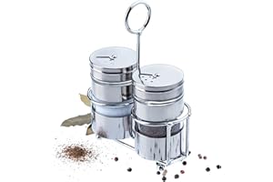 KADAX - Juego de tarros de cristal y acero inoxidable, juego de tarros de especias con pimentero, salero, soporte, juego de mesa con asa, posavasos, ideal para el hogar, especias, Liam, 3-teilig