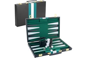 RERIVER Backgammon Set 2 Players Classic Backgammon Sets for Adults Board Game with Black PU Leather Case Portable and Travel Backgammon Set (Green, 15inch)
