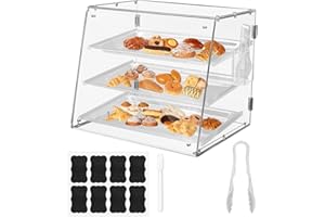 Jinei Acryl-Vitrine mit 3 Etagen, für Bäckerei, Gebäck, Vitrine mit Vorder- und Hintertür, für Einzelhandel, transparente Vitrine mit Servierzange für Brot, Donut, Kekse, 53,3 x 45,7 x 41,9 cm