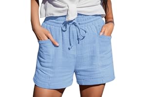 crazy bean Pantalones Cortos Sueltos de Verano para Mujer CóModos Pantalones Cortos de AlgodóN y Lino para Mujer con Bolsillos Pantalones Casuales de Verano con CordóN de Cintura Alta