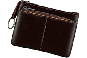 BIDPONDS Porte-monnaie en cuir véritable avec triple fermeture éclair et porte-clés, marron foncé, Pochette à monnaie