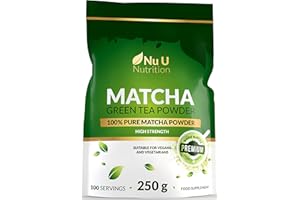 Nu U Nutrition - Matcha Green Tea Powder 250g - XL Pouch 100 Servings - 100% Pure Macha Premium Culinary Grade - Smooth taste & Easy to Mix - Ideal for Lattes, Smoothies & Baking