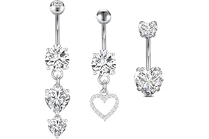 FECTAS 3pcs Belly Button Bars Silver Gold Belly Bar Surgical Steel 14G Navel Bars Belly Button Piercing Jewellery Heart Butterfly Dangle