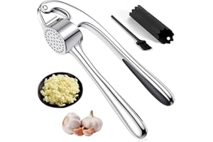 EnixwH Knoblauchpresse Küchenhelfer, Knoblauchschneider Garlic Press Edelstahl mit Leicht zu Drückendem Griff, zum Extrahieren von mehr Knoblauchpaste, mit Knoblauchschäler, Reinigungsbürste (Silber)