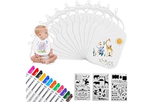 Aohcae 12 Stück Lätzchen zum Bemalen, Lätzchen Bemalen Babyparty 12 Textilstiften und 3 Malen Schablonen Baby Shower Spiele für Babyshower Party Junge Mädchen