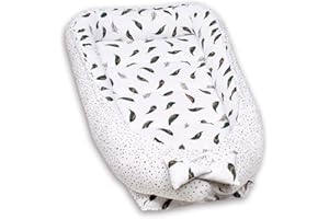 PALULLI 120 x 60 cm gniazdo niemowlęce XXL kokon dziecięcy dwustronny 100% bawełna poduszka ochraniacz na łóżeczko dla niemowląt gniazdo do przytulania łóżeczko podróżne dla niemowląt (pióra)
