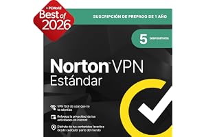 Norton VPN Estándar 2026 |VPN ilimitada 5 Dispositivos| 1 año de suscripción con renovación automática| Descarga digital