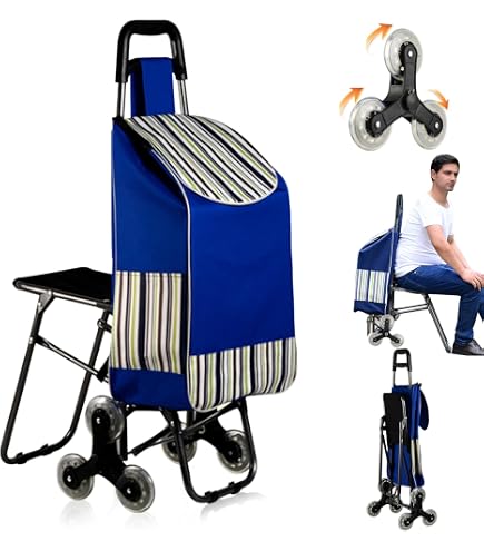 Chariot De Courses Pliable 6 Roues - Léger, Avec Siège Et Sac Amovible - Pour Monter Les Escaliers Facilement