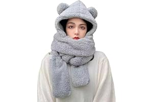 Cretvestsar 3 in 1 Hooded Scarf Hat Gloves Set Winter Women Cute Hood With Bear Ears Earflap Cap Plush Thermal Grey Pocket Gloves Fashion Thickened