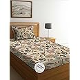 DECOMIZER Cotton Feel All Around Elastic Fitted Glace Printed Single Bed Bedsheet with 1 Large Pillow Cover Fits Upto Mattress of 6 Inches,Pillow Size - 50 x 75 x CMS (Approx) 1 PCS, Beige Anokhi