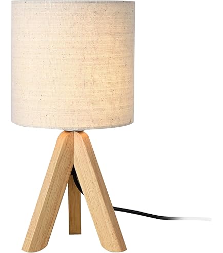 GABY-Lampe De Chevet Trépied Bois Ivoire Abat-jour: Tambour Tissu Blanc