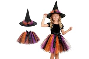 Lalieffacely Deguisement Sorciere Fille, Costume Halloween Enfant avec Chapeau et Tulle Robe pour Fille 3-12 Ans Halloween Rave Festival Cosplay Fête