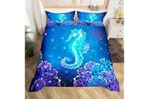 FEELINGYOU Kinder Seepferdchen Bettwäsche-Set Lust auf Blue Hippocampus Ocean Animal Bettwäsche Set 135x200cm Lila Koralle Unterwasser Betten Set für Kinder Jungen Mädchen Teenager 2St.Reißverschluss Mikrofaser